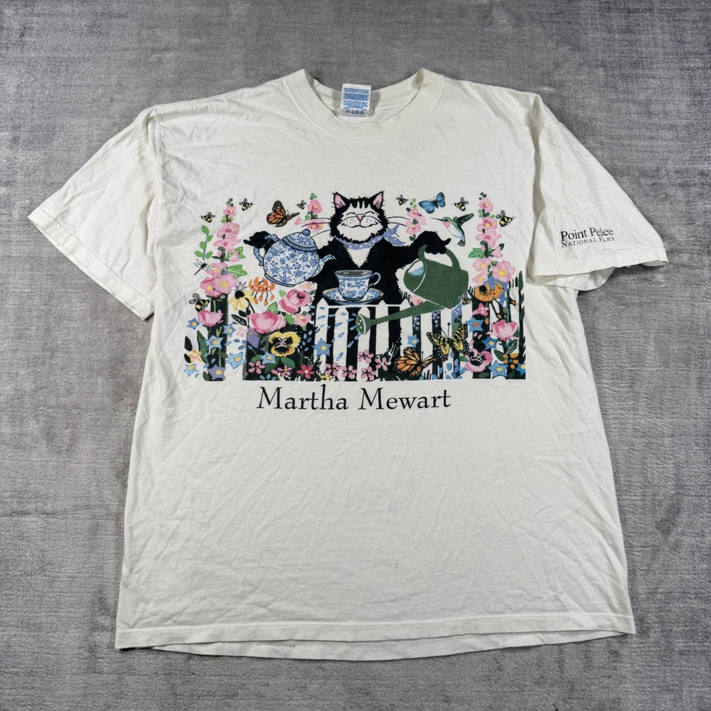 Vintage Martha Mewart Cat Shirt Mens XL White Point Pelee National Park Graphic